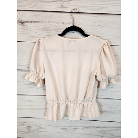 Topshop Womens Cream Solid Rushed V-Neck Short Puff Sleeve Cropped Blouse Size 2 - Picture 2 of 6